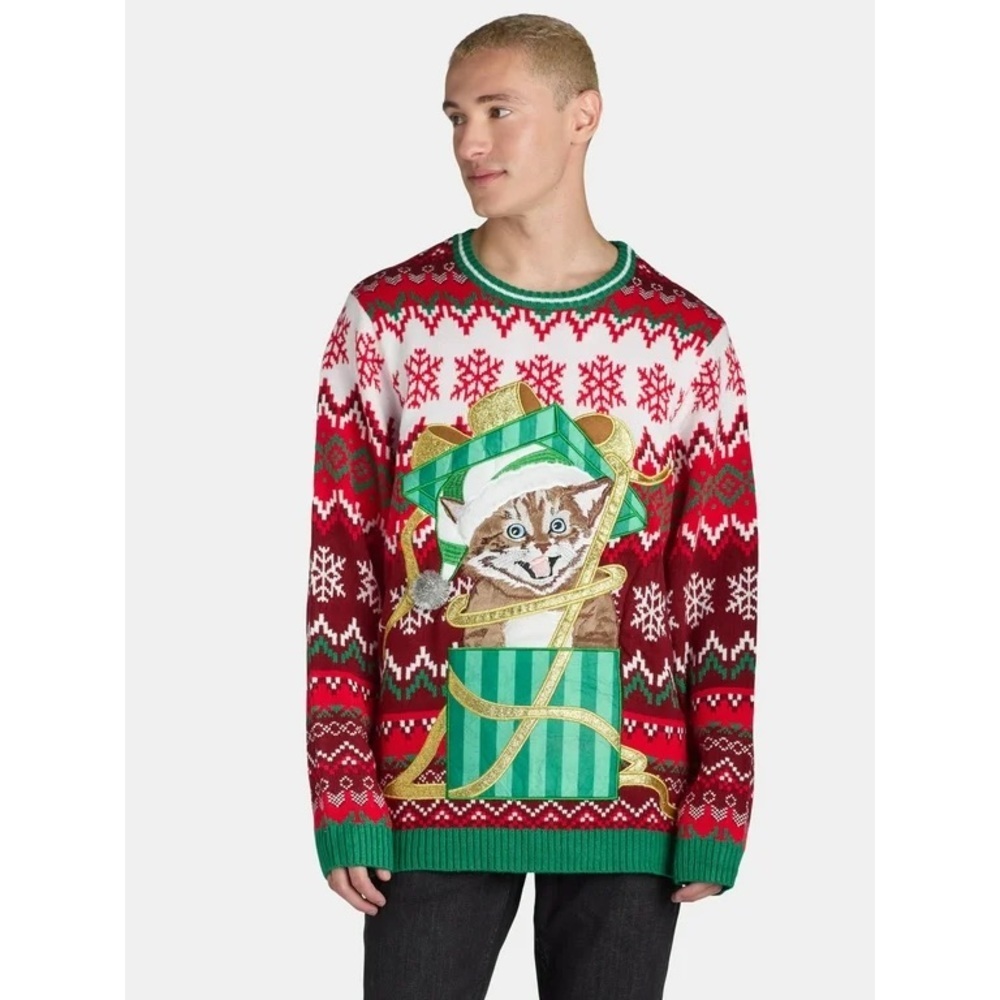 Holiday Time Funny Cat In Present Pocket Faire Isle Ugly Christmas Sweater M